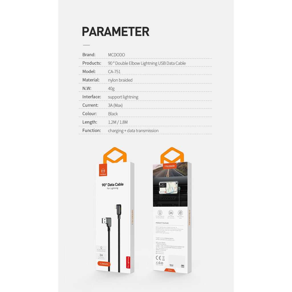 Mcdodo CA-7510 Black glue series lightning data cable with LED 1.2m