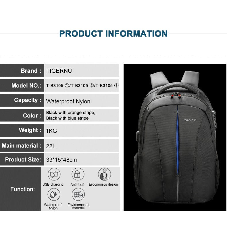 Tigernu T-B3105A 15.6 inch Laptop Anti Theft Travel Backpack with TSA Lock