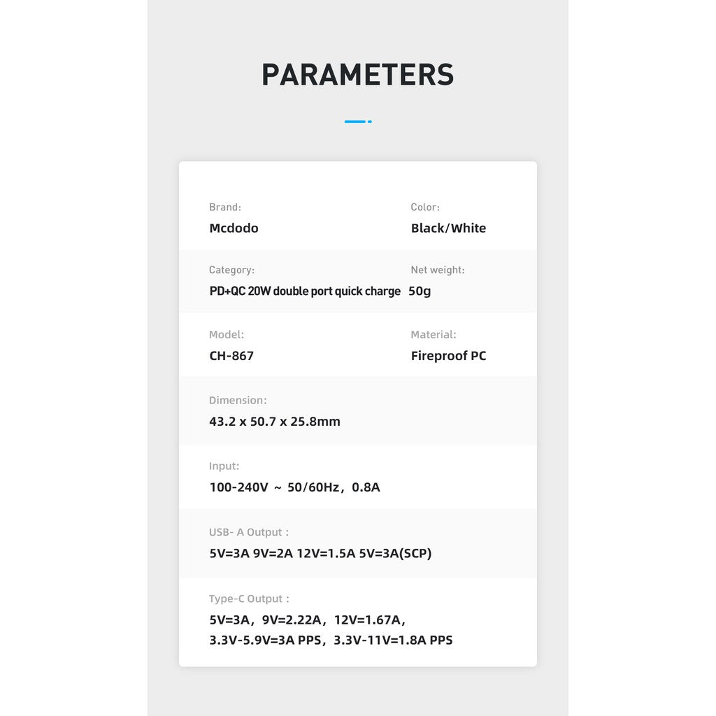 Mcdodo CH-867 Tesla Series 20W PD+QC Charger (US plug)