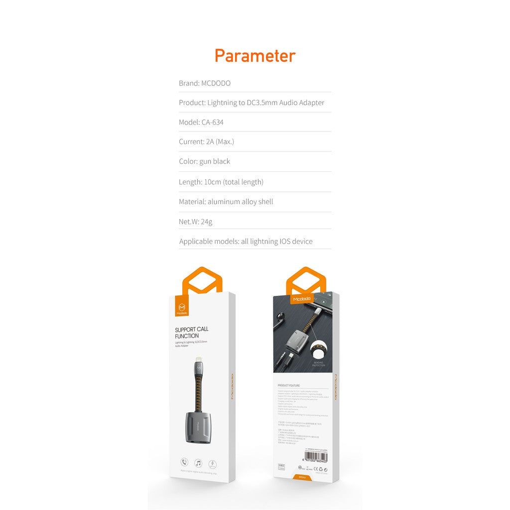 Mcdodo CA-6340 Lightning to Lightning and DC3.5mm cable 0.1m(Support call function)