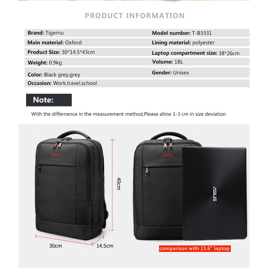 Tigernu T-B3331 15.6 inch Anti Theft Laptop Backpack w/ FreeLock