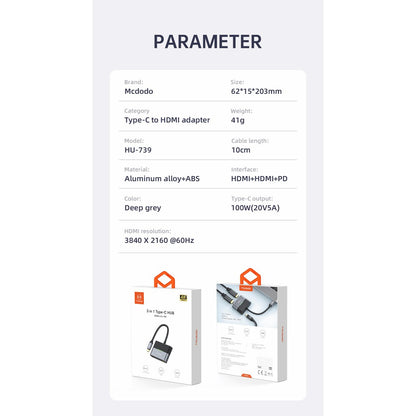 Mcdodo HU-7390 Rocky Series Type-C to HDMI*2(female)+PD